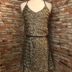 GOLD SEQUIN HALTER NECK DRESS